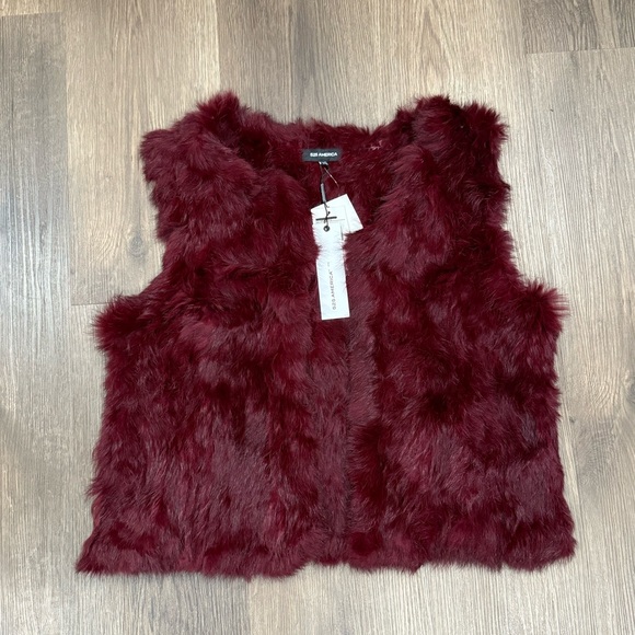 525 America Womens Rabbit Fur Open Front Casual Vest Burgundy - Picture 5 of 5